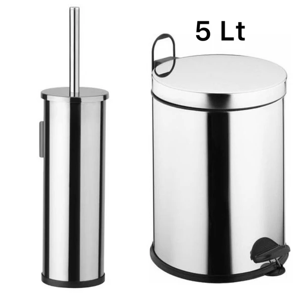 Umbex Plus 5 Litre Paslanma Krom 2'li Banyo Seti Pedallı Çöp Kovası Wc Klozet Tuvalet Fırça Seti Banyo ürün görseli 1