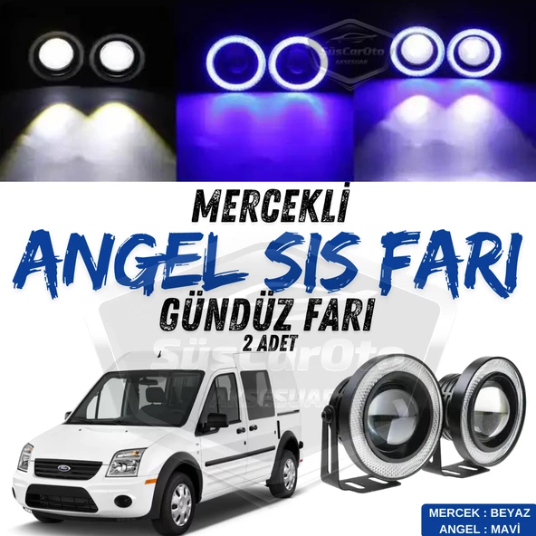 Ford Transit Connect 2002-2013 Uyumlu Üniversal Mercekli Angel Sis Farı Metal Su Geçirmez 76 mm Mavi Halkalı Gündüz Farı Angel Eyes 2 Adet ürün görseli 1