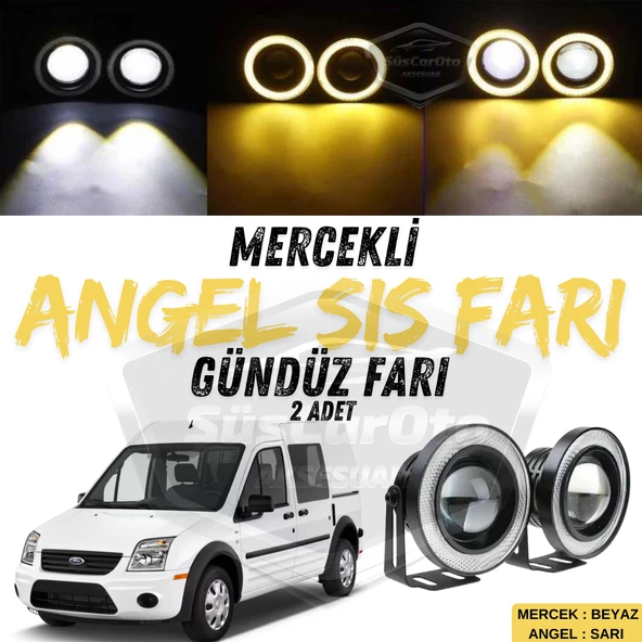 Ford Transit Connect 2002-2013 Uyumlu Üniversal Mercekli Angel Sis Farı Metal Su Geçirmez 76 mm Sarı Halkalı Gündüz Farı Angel Eyes 2 Adet ürün görseli 1