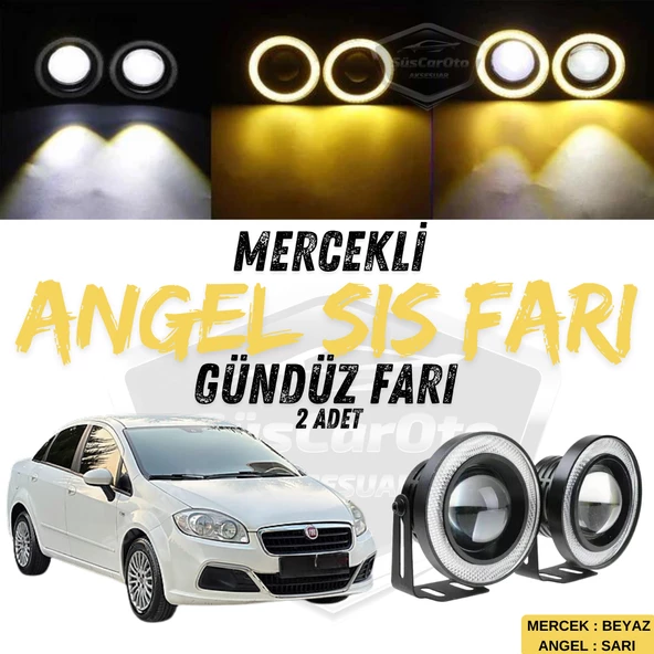 Fiat Linea 2007-2018 Uyumlu Üniversal Mercekli Angel Sis Farı Metal Su Geçirmez 76 mm Sarı Halkalı Gündüz Farı Angel Eyes 2 Adet ürün görseli 1