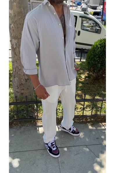 Gri Erkek  Krinkıl Kumaş Gömlek ürün görseli 1
