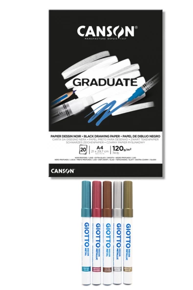 Canson Graduate A4 Siyah Blok 120 Gr 20 Yp Giotto Decor Metalik Keçeli Kalem 5 Renk ürün görseli 1
