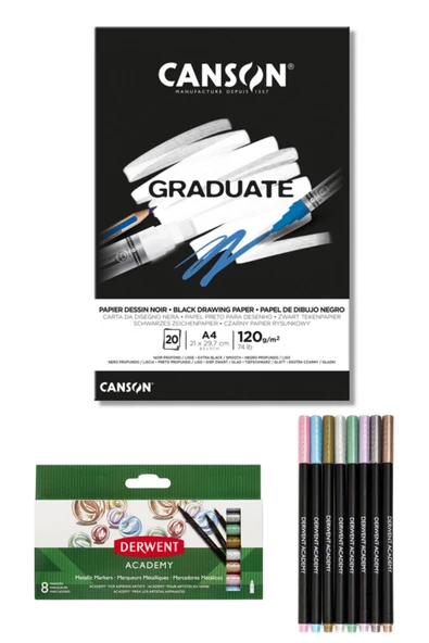 Canson Graduate A4 Siyah Blok 120 Gr 20 Yaprak Derwent 98212 Academy Metalik Marker Kalem Seti 8'li ürün görseli 1