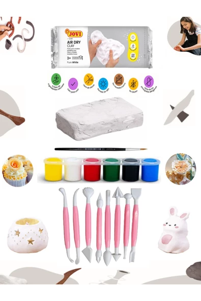 Jovi Seramik Hamuru Beyaz 500 Gr Dekorasyon Modelleme Alet Seti Pembe 8 Parça ürün görseli 1