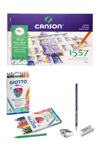 Canson 1557 Resim Defteri 35x50cm 180 Gram 15 Yaprak Giotto Mega Tri Kuru Boya 12 Li Set ürün görseli 1