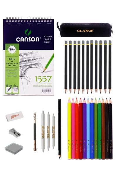Canson 1557 A5 Eskiz Defterli Adel Karakalem Ve Faber Kuruboya Kalemi Çizim Eskiz Seti ürün görseli 1