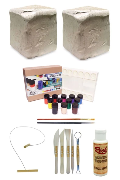 Beyaz Seramik Hamuru 6x2 Kg Rich Şişeli Palet 25 Ml Akrilik 12 Li Set Vernik Ebeşuar Kesme Teli Set ürün görseli 1