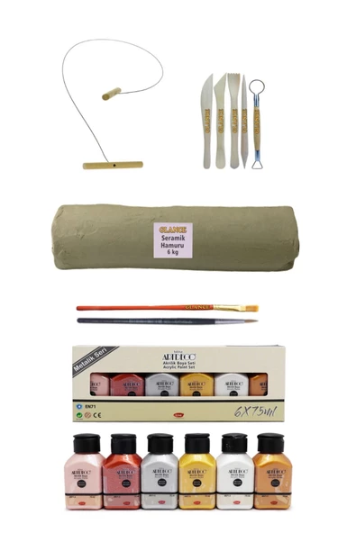 Beyaz Seramik Hamuru 6 kg Kil Kesme Teli 5'li Ebeşuar Artdeco Akrilik Boya 6x75 ml Metalik Renkler ürün görseli 1
