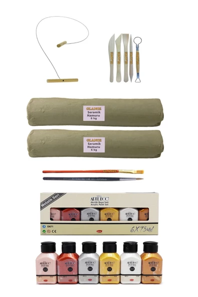 Beyaz Seramik Hamuru 6x2 Kg Kil Kesme Teli 5'li Ebeşuar Artdeco Akrilik Boya 6x75 Ml Metalik Renkler ürün görseli 1