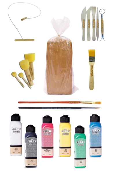 Kırmızı Çömlek Çamuru 10 Kg Artdeco 6x140 Ml Akrilik Boya Kesme Teli 5'li Ebeşuar Fırça Ponpon Set ürün görseli 1