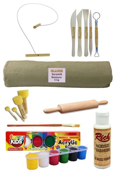 Seramik Hamuru 6 Kg Kil Kesme Teli 5'li Ebeşuarlı 15 ml Akrilik 6 Lı Vernik, Ponpon Ahşapmerdane Set ürün görseli 1