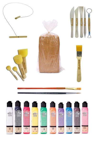 Kırmızı Çömlek Çamuru 5 Kg Artdeco 10x140 Ml Akrilik Boya Kesme Teli 5'li Ebeşuar Fırça Ponpon Set ürün görseli 1