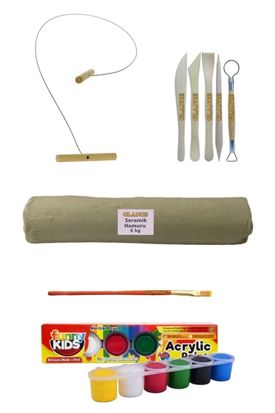 Beyaz Seramik Hamuru 6 Kg Kil Kesme Teli 5'li Ebeşuar 15 Ml Akrilik 6 Lı Set ürün görseli 1