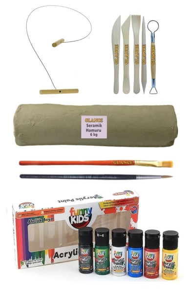Beyaz Seramik Hamuru 6 Kg Kil Kesme Teli 5'li Ebeşuar Rich Funny Kids 20 Ml Akrilik 6 Lı Set ürün görseli 1