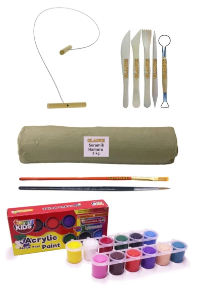 Beyaz Seramik Hamuru 6 Kg Kil Kesme Teli 5'li Ebeşuar Rich Funny Kids 25 Ml Akrilik 12 Li Set ürün görseli 1
