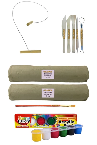 Beyaz Seramik Hamuru 6 Kg X2'li Kil Kesme Teli 5'li Ebeşuarlı 15 ml Akrilik 6 Lı Set ürün görseli 1