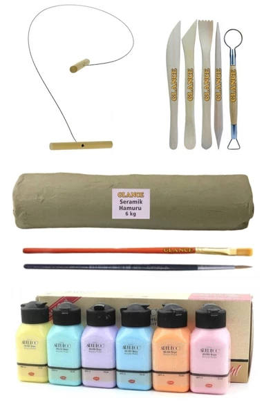 Beyaz Seramik Hamuru 6 Kg +Kil Kesme Teli 5'li + Pastel Renkler Ebeşuar Artdeco Akrilik Boya 6x75 Ml ürün görseli 1