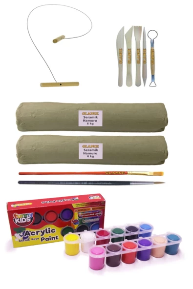 Beyaz Seramik Hamuru 6x2 Kg Kil Kesme Teli 5'li Ebeşuar Rich Funny Kids 25 Ml Akrilik 12 Li Set ürün görseli 1