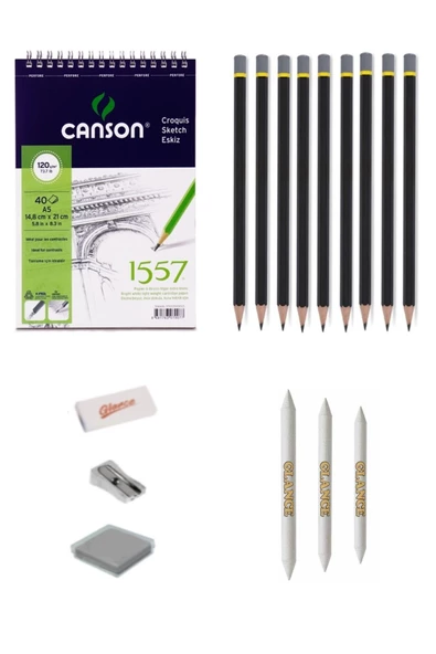 Canson 1557 Eskiz Defterli 9 Karakalem Çizim Seti Pastel Dağıtma, Kalemtıraş, Silgi Eskiz Seti ürün görseli 1