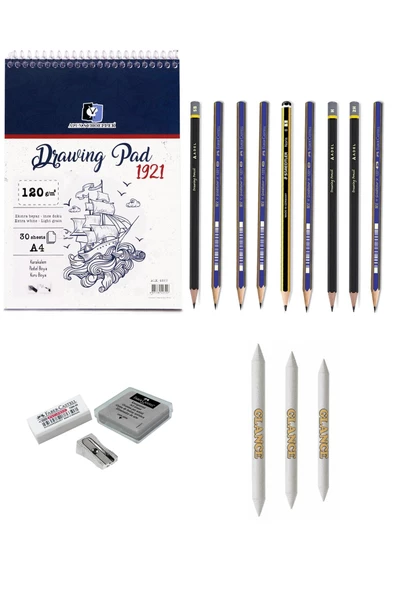 Alex 0557 A4 Eskiz Defterli 9 Karakalem Çizim Seti Pastel Dağıtma, Kalemtıraş, Silgi Eskiz Seti ürün görseli 1