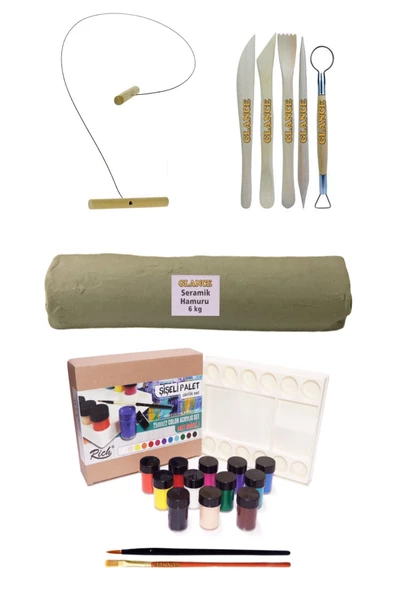 Beyaz Seramik Hamuru 6xkg Kil Kesme Teli 5'li Ebeşuar Rich Şişeli Palet 25 ml X 12'li Akrilik Set ürün görseli 1
