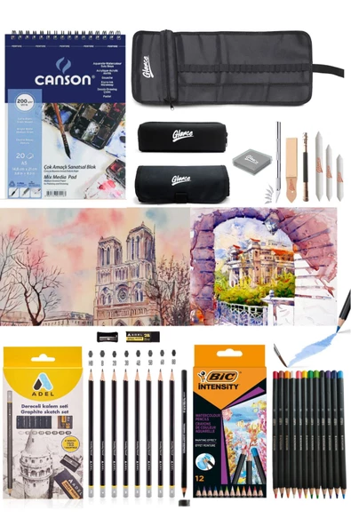 Canson Defter A5 200 gr Adel Dereceli Kalem Seti 8'li Bic Aquarelle Kuru-suluboya Kalemi 12 Renk ürün görseli 1