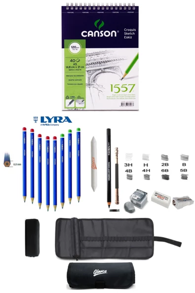 Canson A5 Eskiz Defteri 120 Gr Lyra Robinson Dereceli Kurşun Kalem Seti 24 Bölmeli Çantalı Eskiz Set ürün görseli 1
