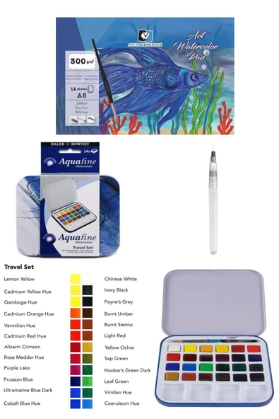 Alex Schoeller A5 300 Gr 12 Yaprak Daler Rowney Aquafine 24'lü Yarım Tablet Suluboya Seti ürün görseli 1