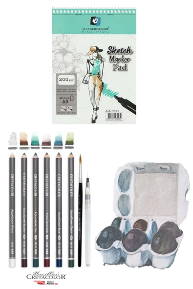 Alex Marker Eskiz Defteri 200gr A5 40yp Cretacolor 6'lı Aquarell Sulandırılabilir Fırçalı Eskiz Set ürün görseli 1