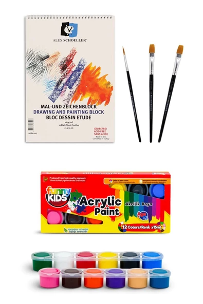 Resim Defteri 25x35 Spiralli 165 Gr 15 Yaprak Funny Kids 12 Renk Akrilik Boyası 12x15 Ml Set ürün görseli 1