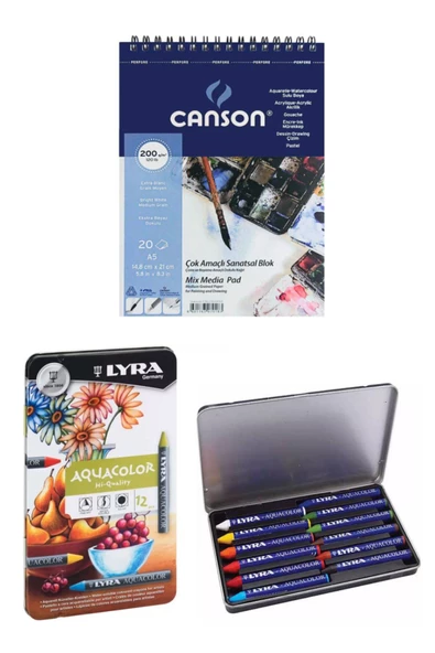 Canson Mix Media Pad Çok Amaçlı Resim Defteri A5 200 Gr 20 Sayfa Lyra Aquacolor Pastel Boya 12 Renk ürün görseli 1