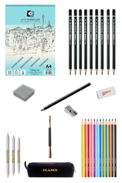 Alex Schoeller Eskiz Blok Defter 120gr A4 40 Yaprak Kuruboya Kalemi Rulo Kalemlik Çizim Eskiz Seti ürün görseli 1