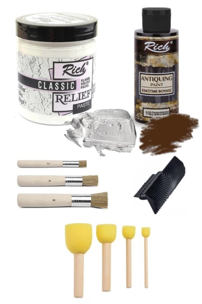 Rich Rölyef Pasta Klasik 350 Gr Beyaz Eskitme Boyası Stencil Fırça 4'lü Ponpon Fırça Doku Tarağı Set ürün görseli 1