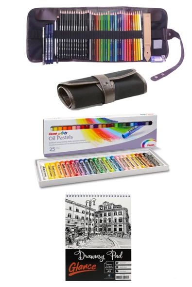A5 Eskiz Defterli Cretacolor Dereceli Kalem Studioline Derwent Watercolour Pentel 25'li Rulo Çanta ürün görseli 1