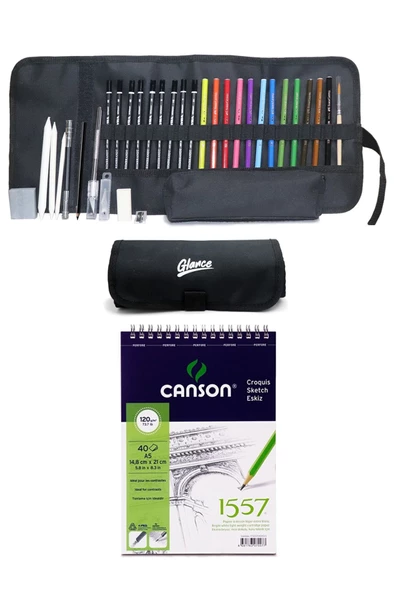 Canson Eskiz Defteri A5 120 Gr 40 Yp Faber Watercolor Kuru Boya Lyra Karakalem Rulo Çantalı Set ürün görseli 1