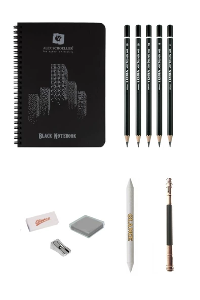 Alex Schoeller Black Notebook A5 Siyah Defter Lyra Dereceli Kalem Karakalem Çantalı Çizim Eskiz Seti ürün görseli 1