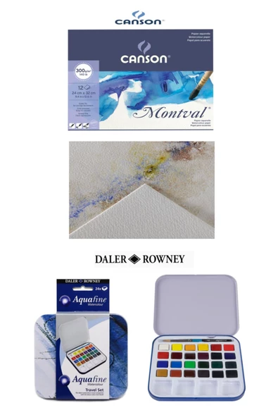 Daler Rowney Aquafine 24'lü Yarım Tablet Suluboya Seti Canson Montval Suluboya Defteri 24x32cm 300gr ürün görseli 1