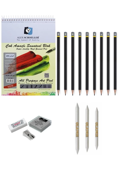 Alex Schoeller A5 Eskiz Defterli Karakalem Çizim Seti Pastel Dağıtma, Kalemtıraş, Silgi Eskiz Seti ürün görseli 1