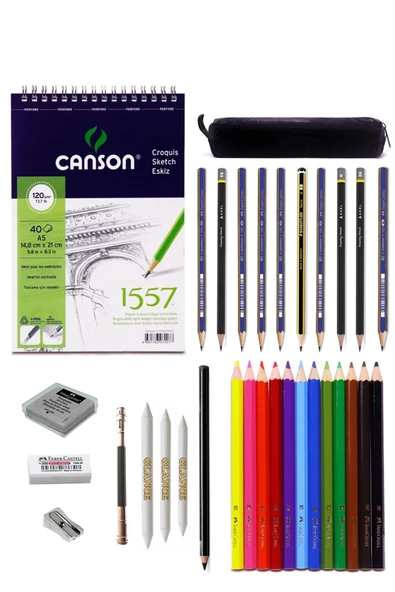 Canson 1557 Eskiz Defterli Faber Karakalem ve Kuruboya Kalemi Çizim Eskiz Seti Kömür Kalem Uzatma ürün görseli 1