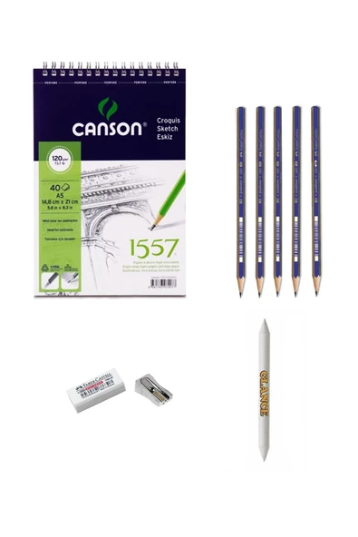 Canson Eskiz Defterli 5 Karakalem Çizim Seti Pastel Dağıtma.kalemtıraş. Silgi Eskizseti ürün görseli 1