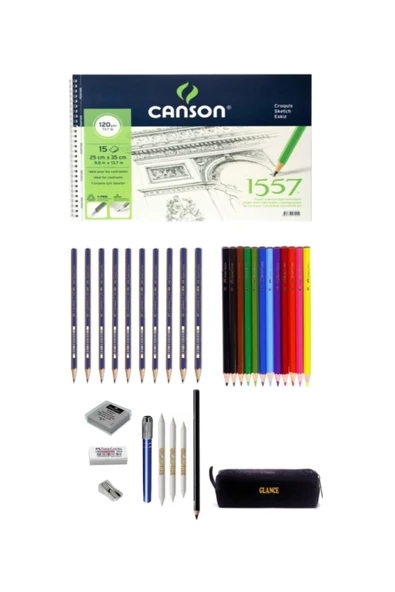 Canson Çizim Defteri 25x35 Cm 120 Gram 15 Yaprak Karakalem Ve Kuruboya Kalemi Çizim Eskiz Seti ürün görseli 1
