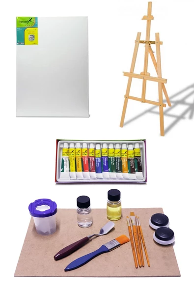 Fanart 50x70 Cm Tuval 3 Ayaklı Şövale Yağlı Boya Seti Ahşap Palet Yağdanlık Metal Spatul ürün görseli 1