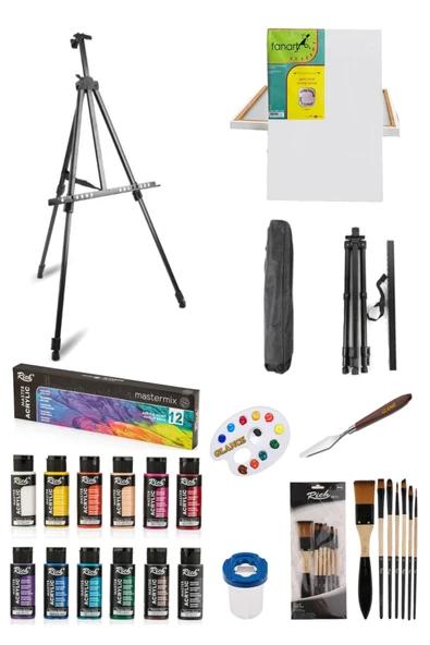 Rich Mastermix Akrilik Boya 12'li 60 cc - 50x70 Tuval -portatif Metal Şövale Seti Ayarlanabilir ürün görseli 1