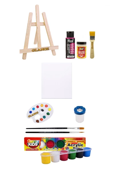 Ahşap Şövale Fuşya Renge Boyama Ve 25x35 Tuval Funny Kids 6 Renk X 15 Ml Akrilik Boya Başlangıç Seti ürün görseli 1