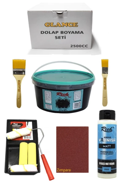 Rich 2500cc 3,5kg Multi Surface Siyah Dolap Boyama Seti Mobilya Boyama Seti Mat Vernik Tava Rulo Set ürün görseli 1