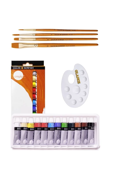 Daler Rowney Simply Akrilik Boya 12' ml Godeli Palet Daler Rowney 4'lü Fırça Akrilik Set ürün görseli 1
