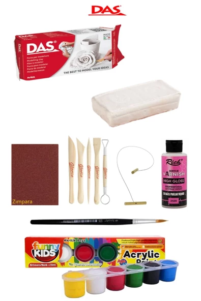 Das Beyaz Seramik Kili 500 Gr Rich Funny Kids 15 Ml Akrilik 6 Lı Vernik Zımpara Hamur Kesme Teli Set ürün görseli 1