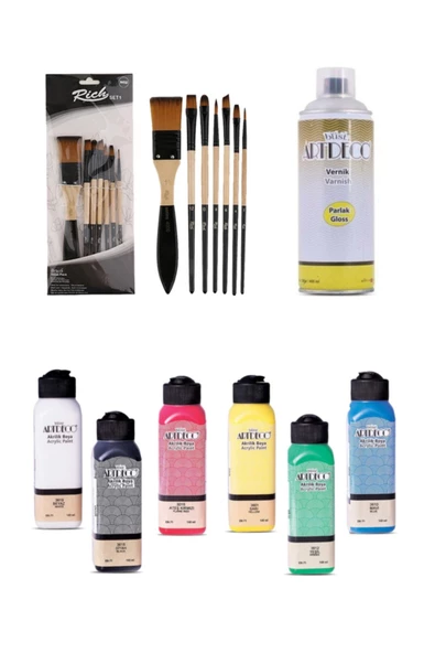 Artdeco 6x140 Ml Akrilik Boya + Rich 7'li Karma Fırça Seti + Artdeco 400 Ml Parlak Sprey ürün görseli 1