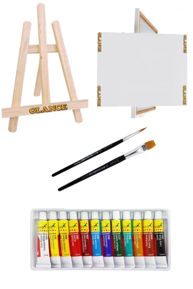 Glance Şövale Mini+tuval 25x35+ Academy Akrilik Boya Seti 12x12 ml+fırça Set ürün görseli 1