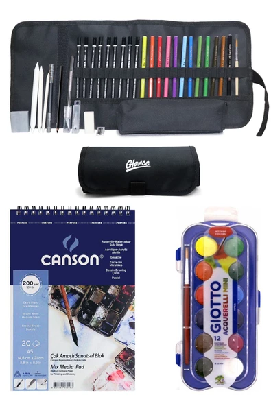 Canson Resim Defteri Mix Media A5 200 gr Faber Giotto Suluboya 23 Mm 12'li Rulo Çantalı Set ürün görseli 1